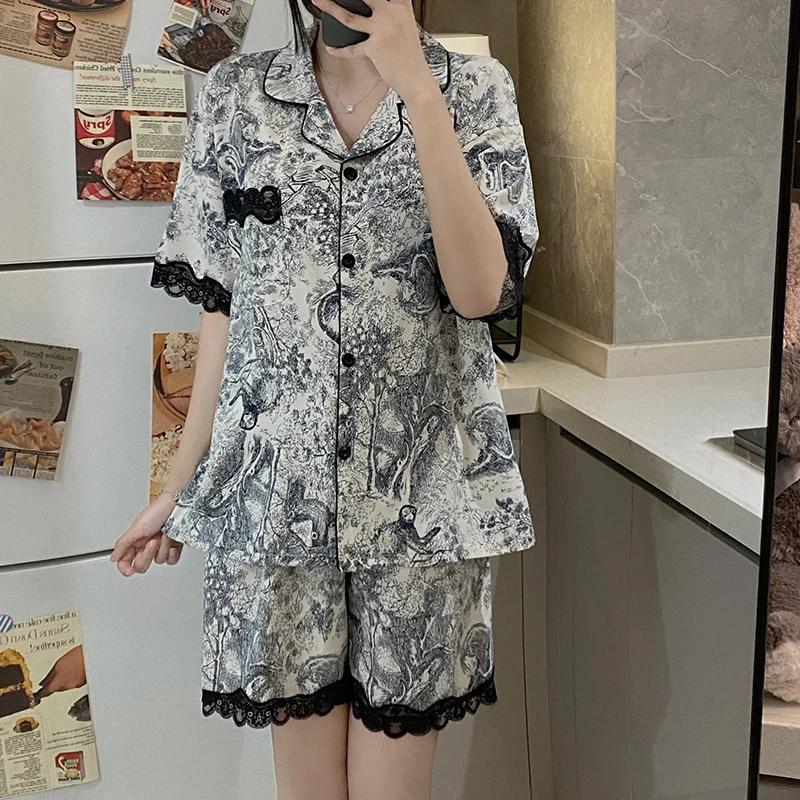 Summer new cardigan button small lapel pajama women's suit silk ice pure lace short sleeve thin two-piece oil painting home suit