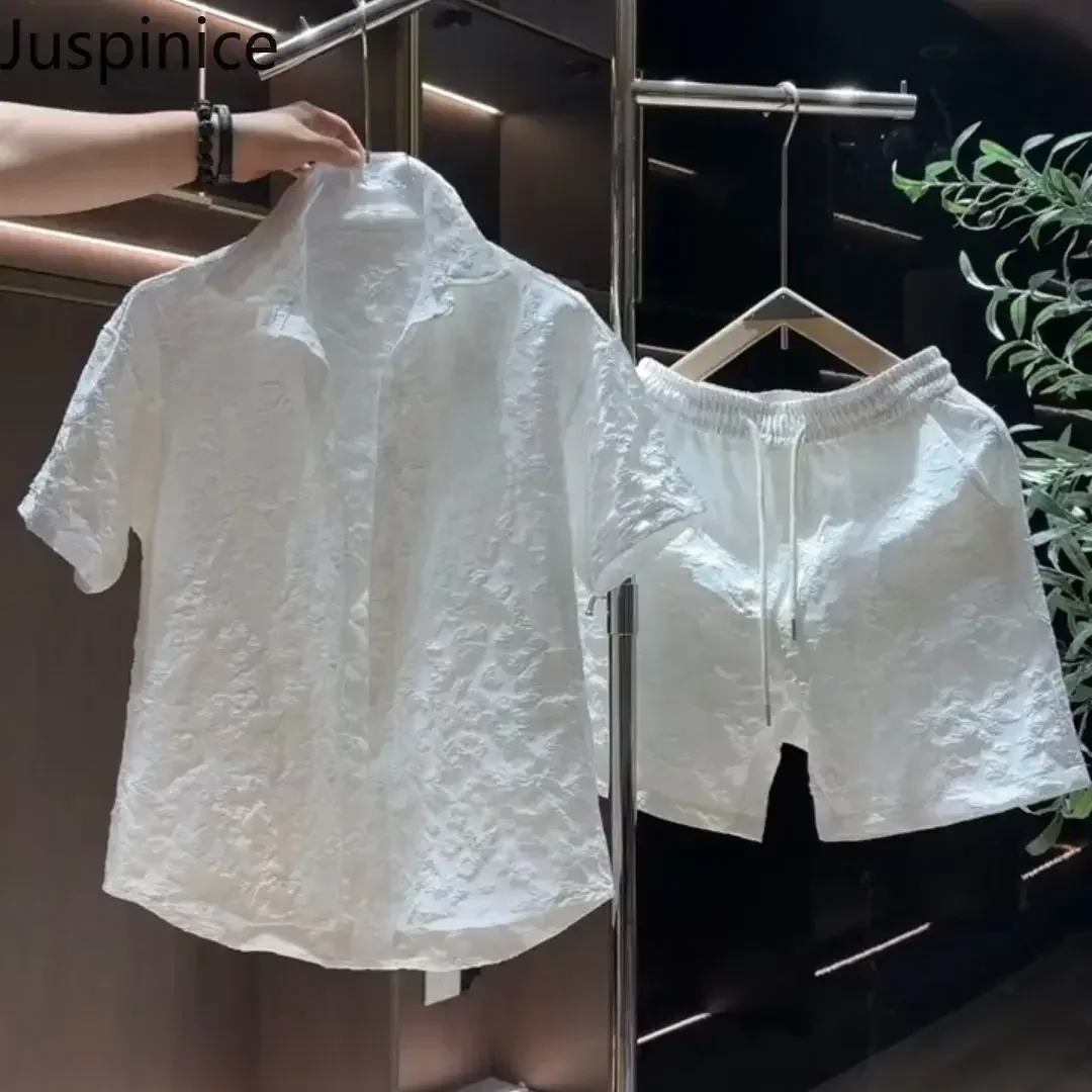 Summer Printed Short-sleeved Shirt Shorts Suit Men's Handsome Loose Casual High Street Personalized Tops Pants Male Clothes 6