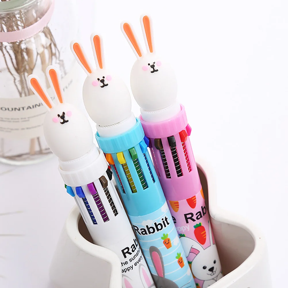 

6 Pcs Rabbit Ten Color Pen Portable Writing Ballpoint Pens School Drawing Plastic Kawaii Desktop Multicolor Student