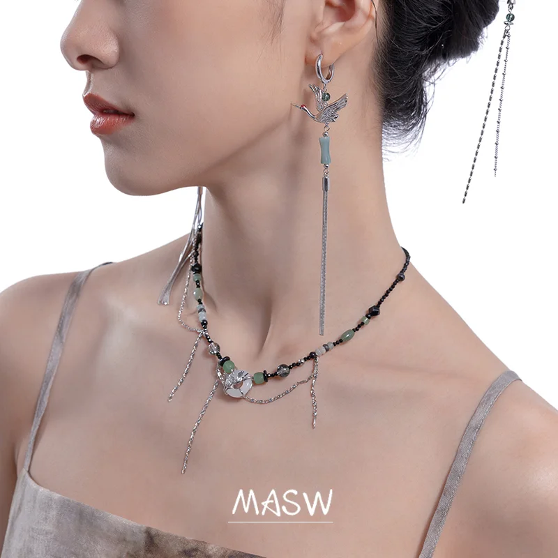 MASW Original Design Vintage Temperament High Quality Brass Bird Red Crowned Crane Dangle Earrings For Women Jewelry Gift