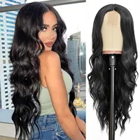 Perruque synthétique noire à la mode, grandes vagues, cheveux longs et bouclés, cheveux longs et moelleux, perruque en soie haute température, couverture complète de la tête 2