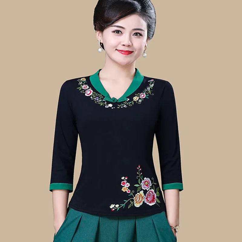 Cheongsam Womens Plus Size Tops 2024 Summer Cotton Embroidery Splicing V-Neck Tradition Chinese Style Dance Costume Shirts Woman