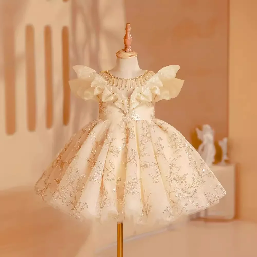 

Real Picture 2024 Champagne Little Girls Birthday Party Dress V Neck Puffy Beading Kids Prom Occasion Dresses Children Formal
