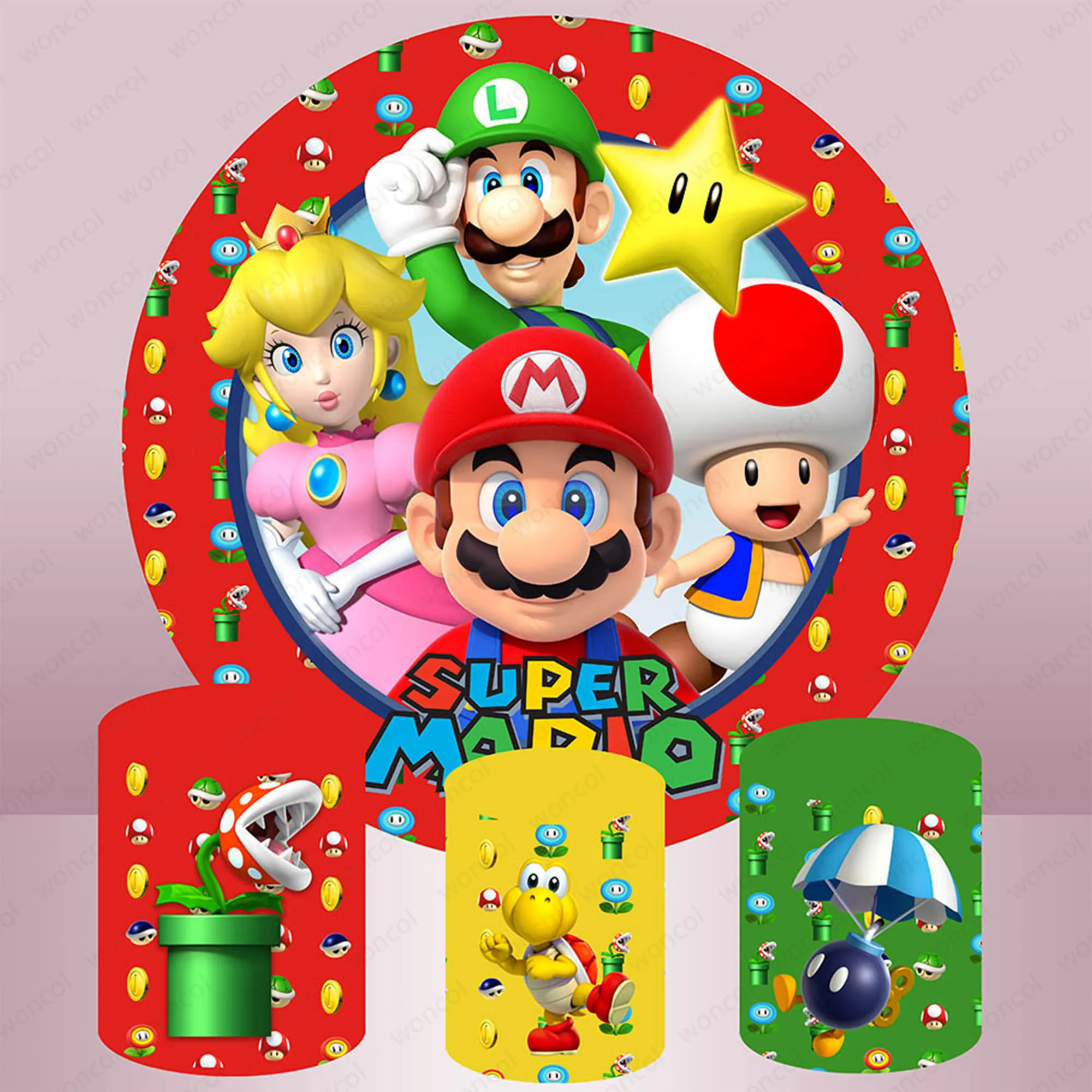 

Super Mario Bros Round Backdrop Boys Birthday Decoration Cylinder Cover Polyester Red Photography Background Baby Shower Props