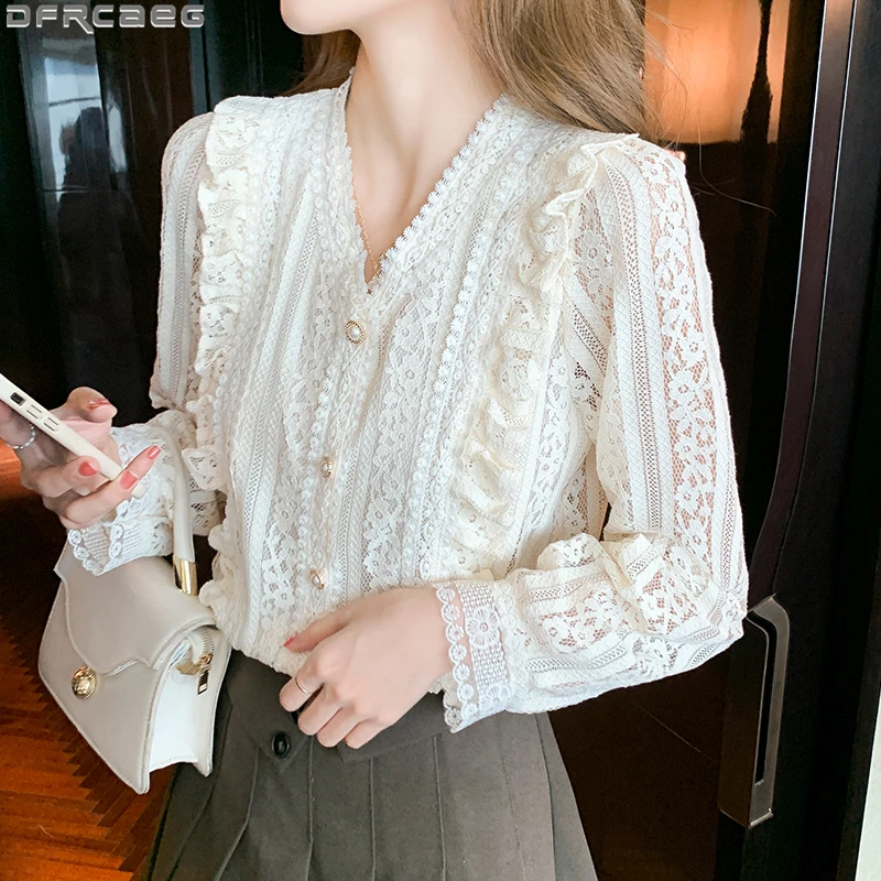 

2022 Fashion Korean Style Mesh Lace Tops Women Elegant OL Autumn Long Sleeve Blouse V-Neck Hollow Out Bottoming Ladies Shirts