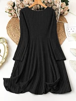 Plus Size Women's Solid Color V-Neck Long Sleeve Pit Stripe Dresses - Image 2