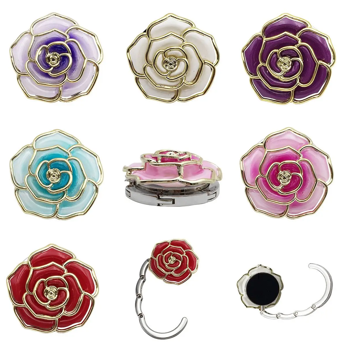 Rose Flower Pattern Bag Hooks Portable Folding Table Hook Clasp Purse Bag Handbag Hooks Hanger Holder