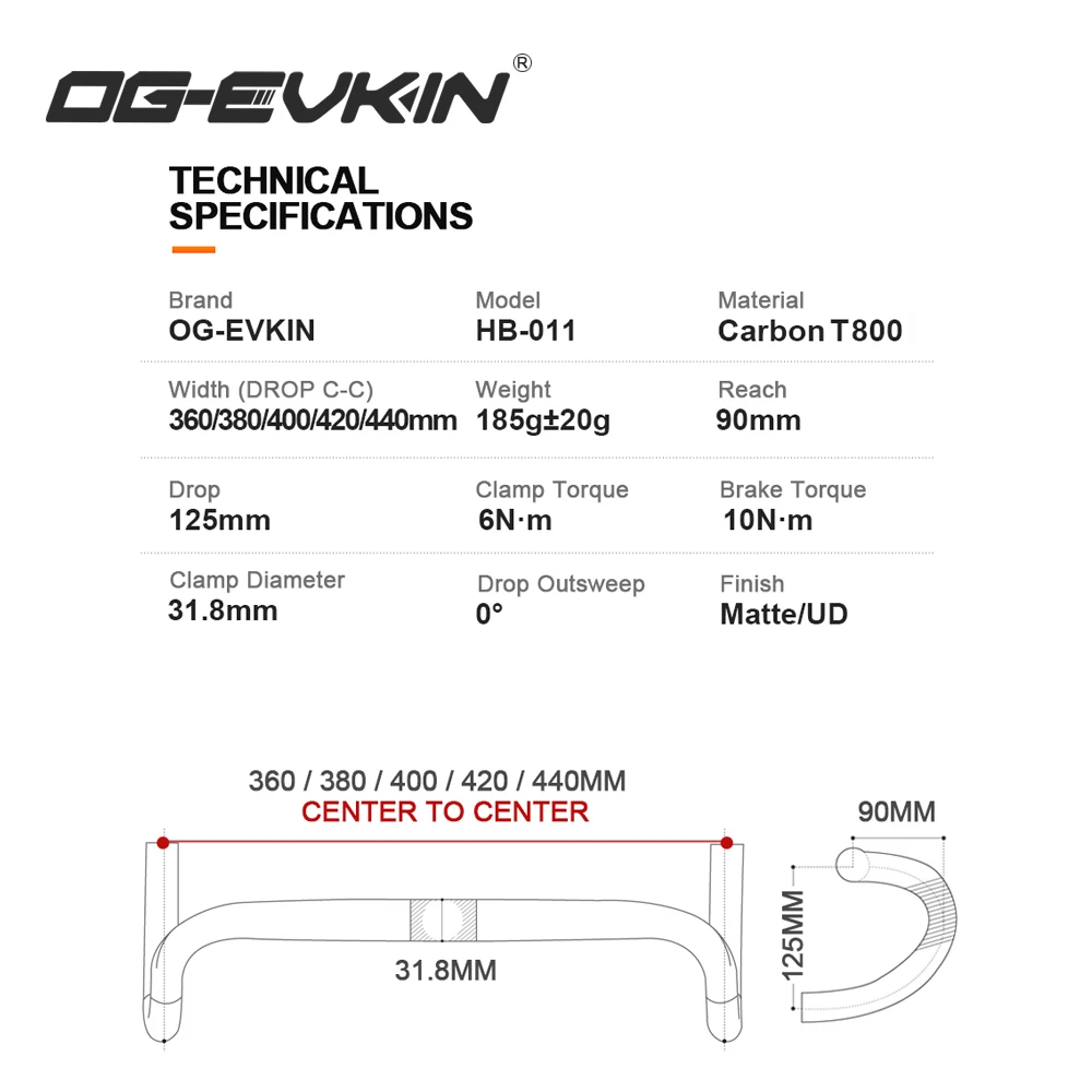 OG-EVKIN HB-011 Carbon Handlebar Road Bike Drop Bar Bicycle Handlebar Road Bike 31.8MM 380/400/420/440MM Bicycle Part bicycle accessories bicycle handlebar