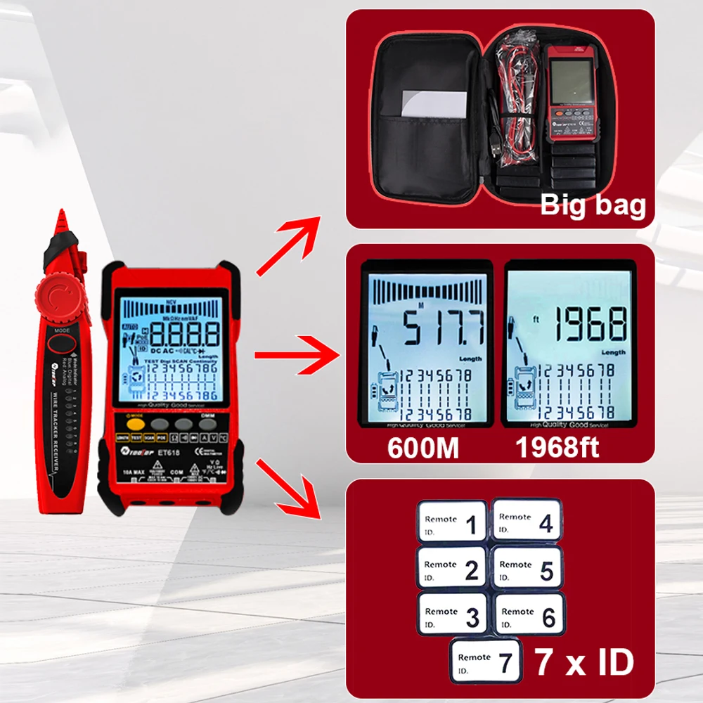 TOOLTOP ET618PRO Network Cable Tester LCD Display Analog Digital Search POE Cable Pairing Length Wiremap Detector