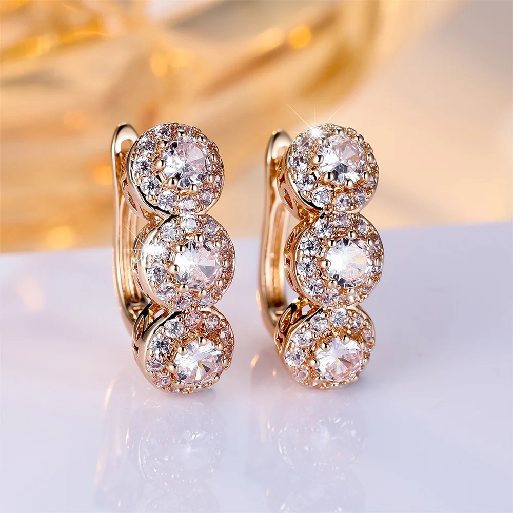 Cute Round Stone White Zircon Small Hoop Earrings For Women Vintage Gold Color Ear Buckle Wedding Jewelry Engagement Party Gifts