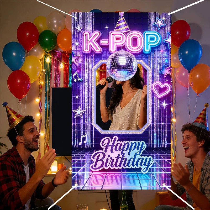 Vibrant Purple Glitter Disco Party Backdrop with Music Notes