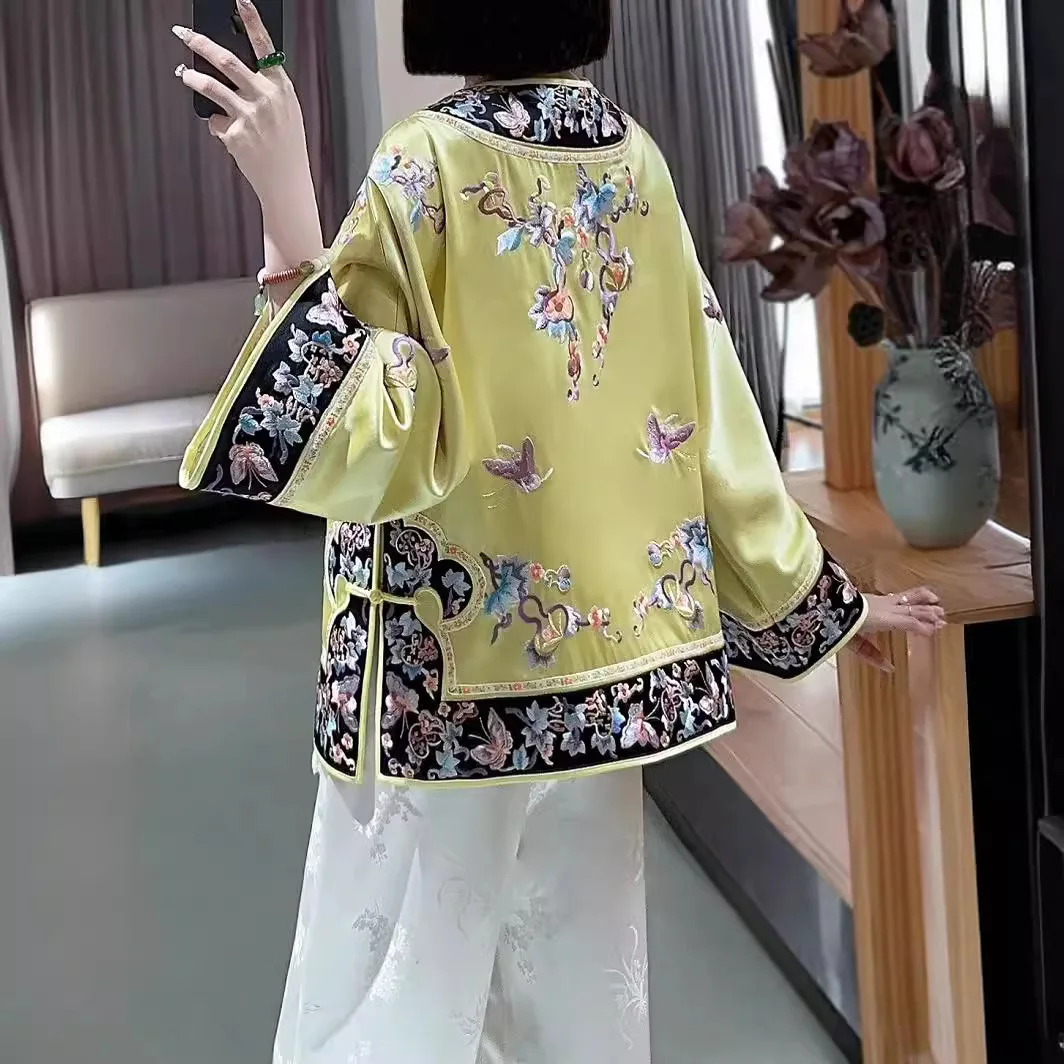 High-end Spring Women Acetate Top Retro Embroidery Butterfly Love Flower Elegant Lady Loose Coat Palace of the Qing Rulers S-XXL