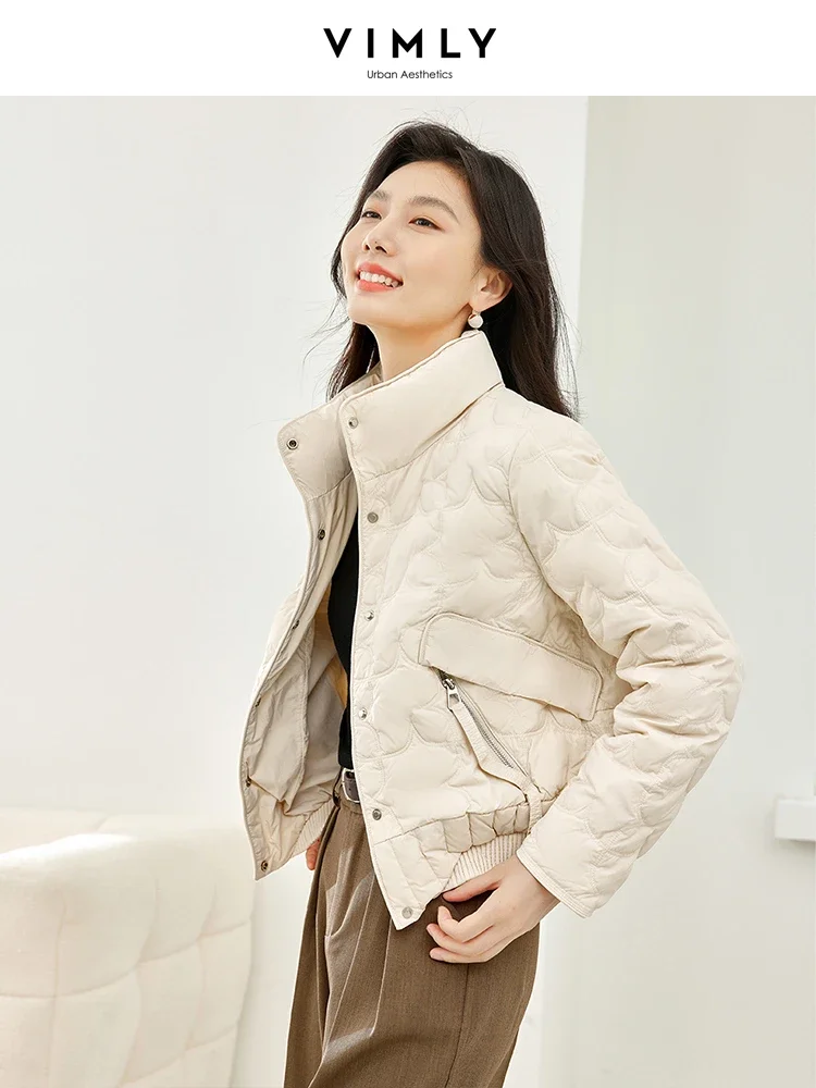 Vimly Women's Crop Down Jacket Stand Collar Full-zip Female Outerwear 2023 Winter Warm White Duck Down Short Coat Overcoat 50676