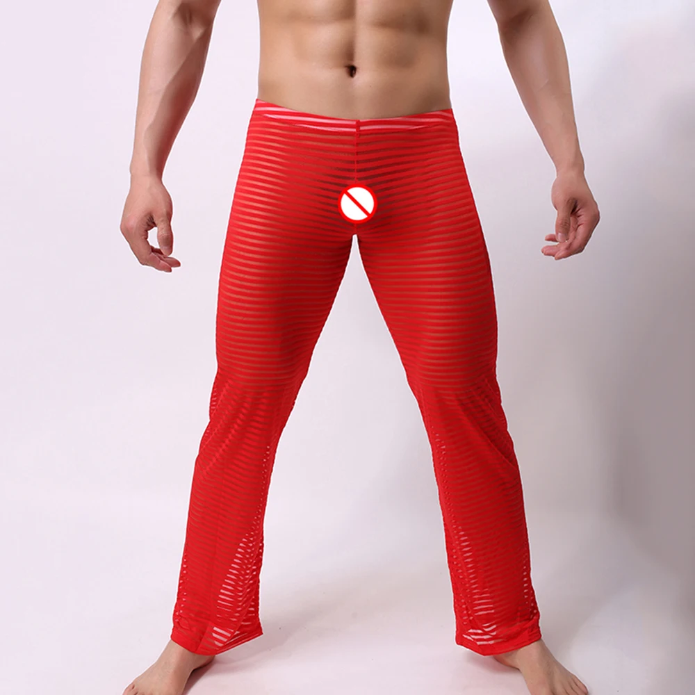 Sexy Men Sleepwear Pants See-Through Breathable Stripe Breathable Soft Pajamas Sleep Bottoms  Trousers Homewear Underpants men's pajama sets