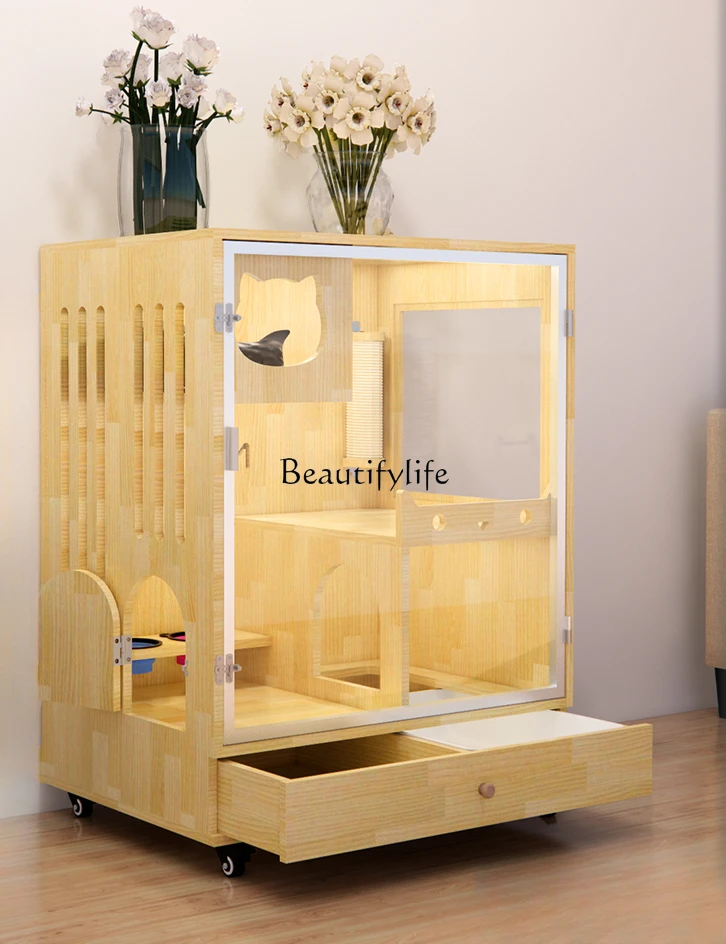 

Solid Wood Home Cat Villa with Drawer Toilet Indoor Small Luxury Balcony