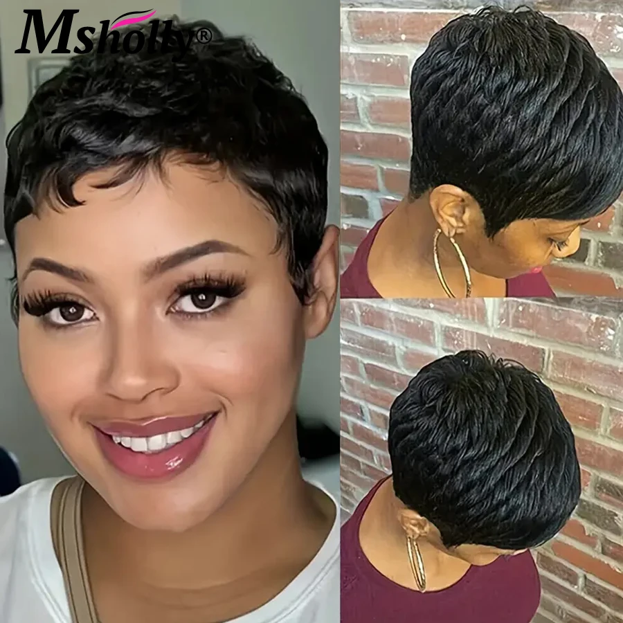 Glueuess brazilian remy human hair pixie cut pruiken korte prepluck
