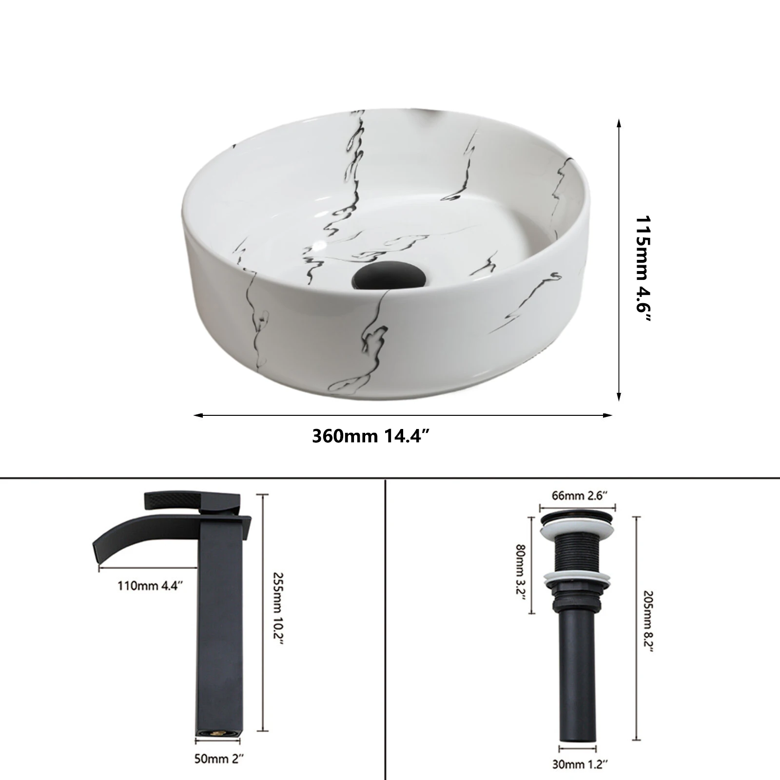 ZAPPO Bathroom Vessel Sink 14 Inch Above Counter Ceramic Vessel Sink with Faucet and Drain Combo Marbling Bathroom Sinks Round 6