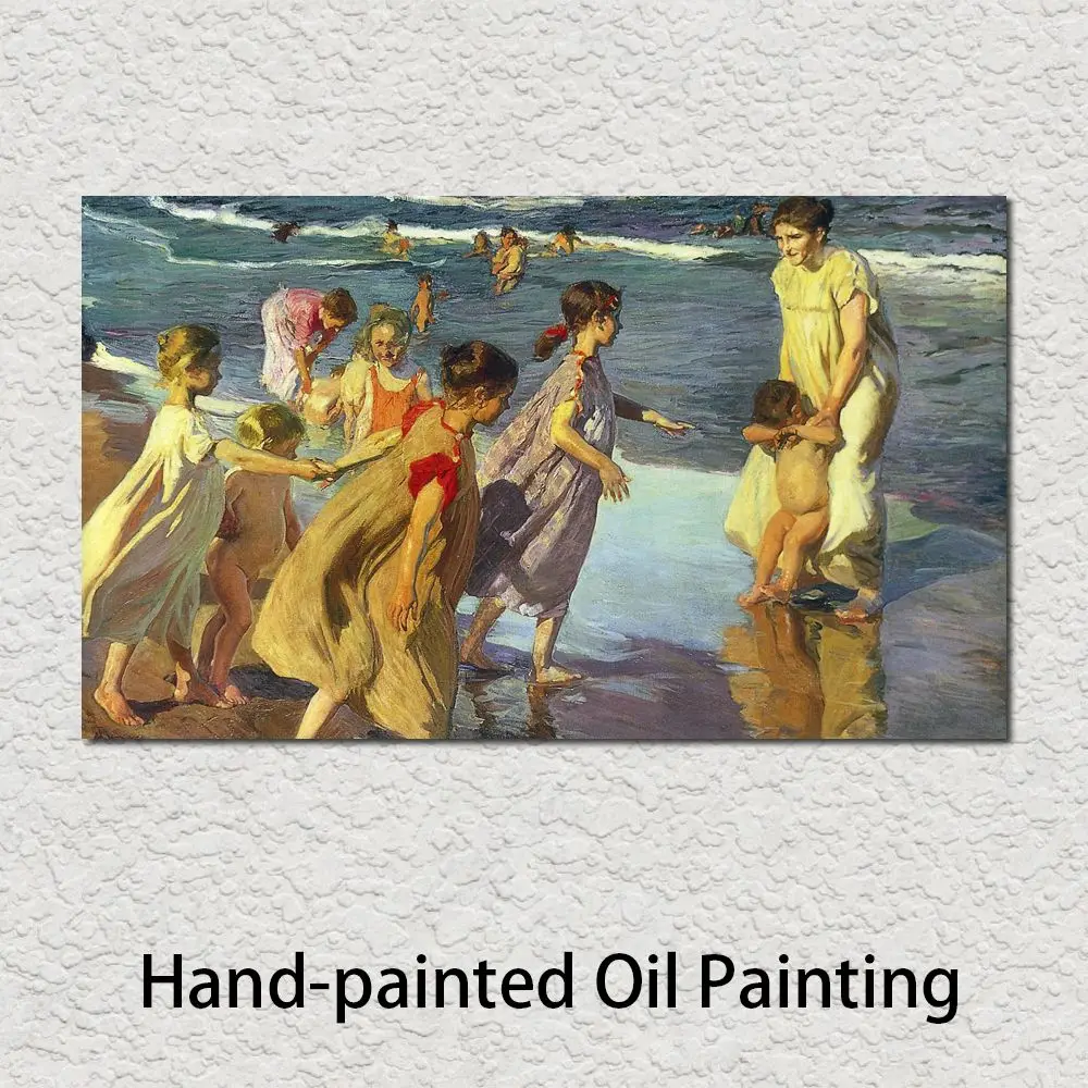 

Beach Canvas Art Hand Painted Textured Oil Painting Bathing Children Joaquin Sorolla y Bastida Artwork Spanish Modern Home Decor