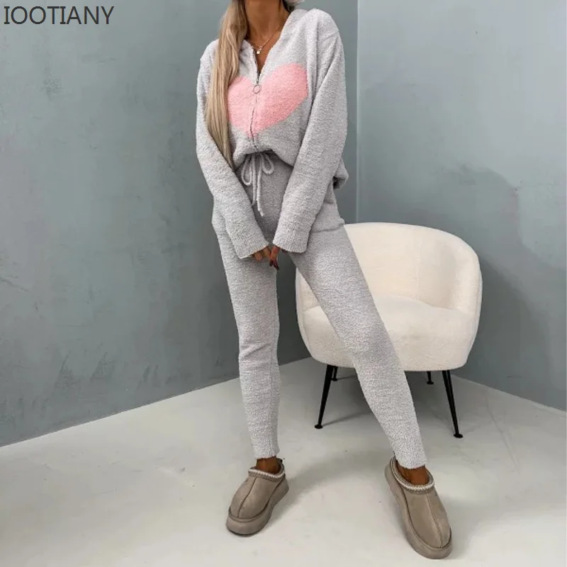 Autumn/Winter Solid Color Plush Hooded Suit Long-sleeved Warm Home Wear Two-piece Comfortable Casual Splicing Pants Outfit