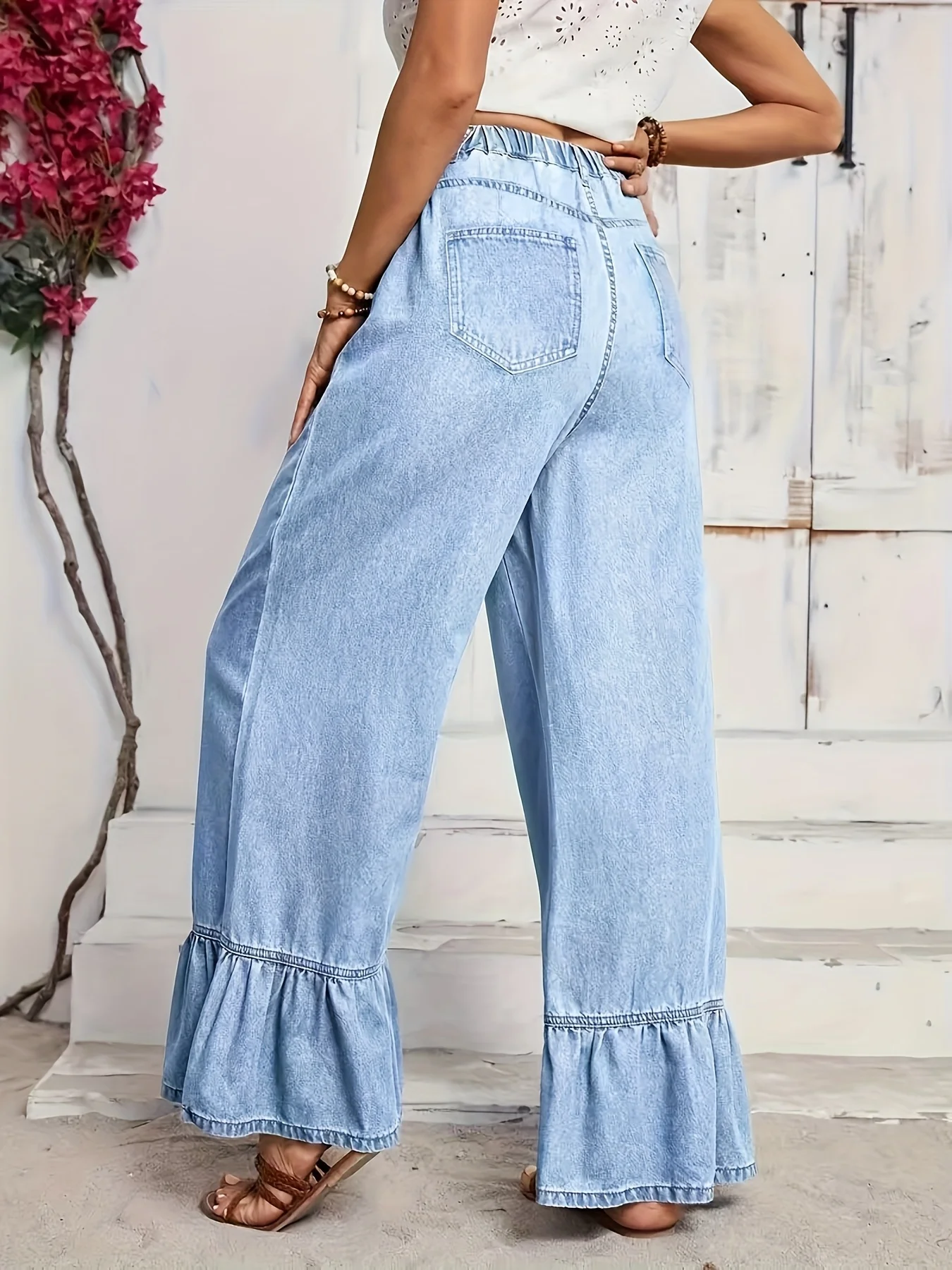 Jean large bleu clair à volants pour femme, taille haute, coupe décontractée, pantalon long