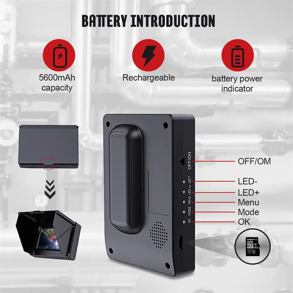 하수관 검사 카메라, 4.3 모니터 포함 산업용 내시경, 16GB 카드, DVR IP68 배수구, 17mm, 22mm