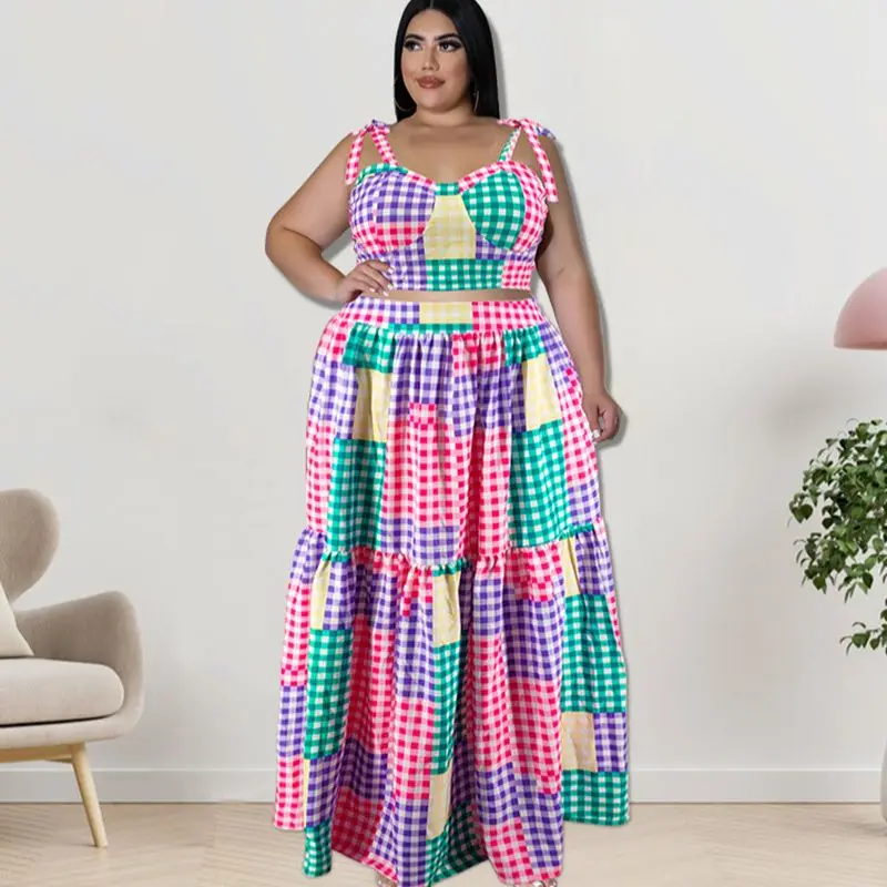 Plus Size Two Piece Dress Plaid Sleeveless Top Casual Loose Dress Korean Style Elegant Outfit 2023 Summer Female Matching Sets