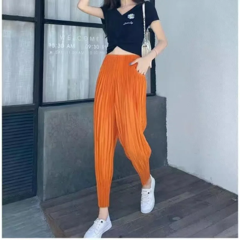 

Summer Slim Fashion Korean Casual Loose Versatile Lantern Pants Women Solid Elastic Waist Pocket Folds Cropped Harlan Trousers