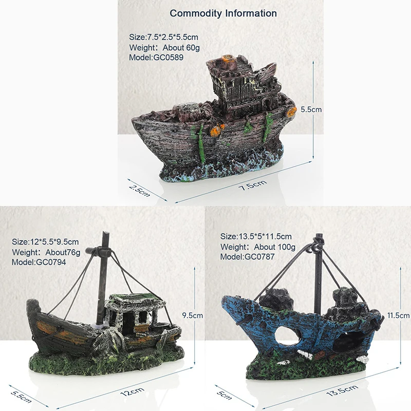 1Pc Aquarium Fish Tank Landscape Wreck Ship Decor Resin Boat Ornament Aquarium Accessories Decoration 3 Types of Ship