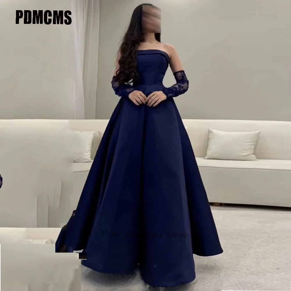 

PDMCMS Navy Blue Lace Sleeves Prom Dresses Women Off The Shoulder Satin Saudi Arabia Robes De Soirée Formal Evening Dresses 2024