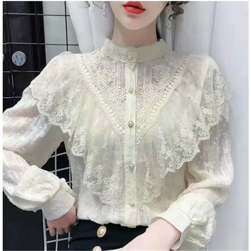 

Elegant French Blouse Women Temperament Sweet Ruffles Loose Casual Tops Spring Long Sleeve Streetwear Apricot Shirts