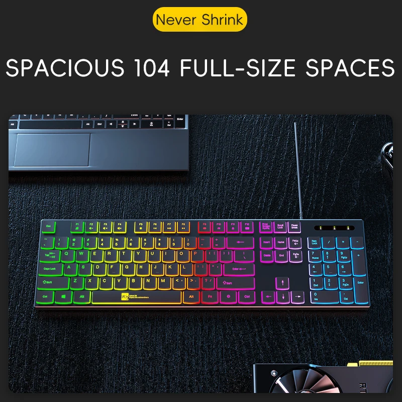 RGB Keyboard Color Backlit Ultra Thin Quiet 104 Keys Mini Multimedia Mute USB Keyboard Ergonomics For Laptop PC English