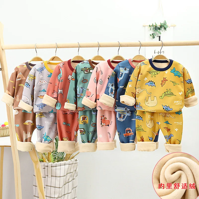 2pcs/set fall and winter children’s facecloth pajamas boys and girls cardigan thickened warm home clothing pajamas children’s cl