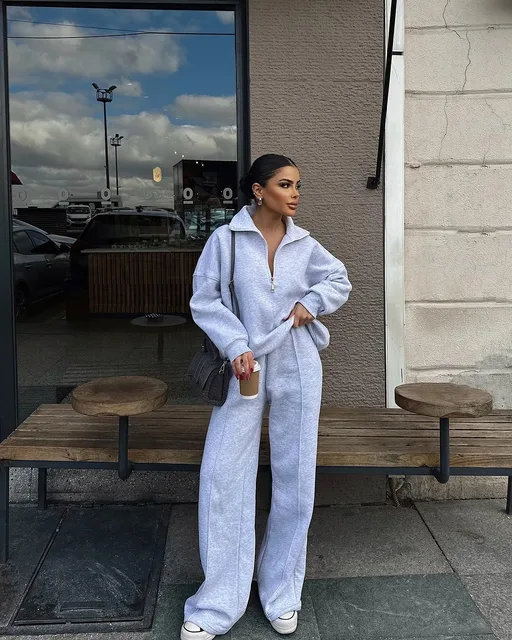 Nouvel ensemble deux pièces décontracté et sportif, pull à col montant, sweat-shirt à manches longues, pantalon long à jambes larges pour vêtements pour femmes 1