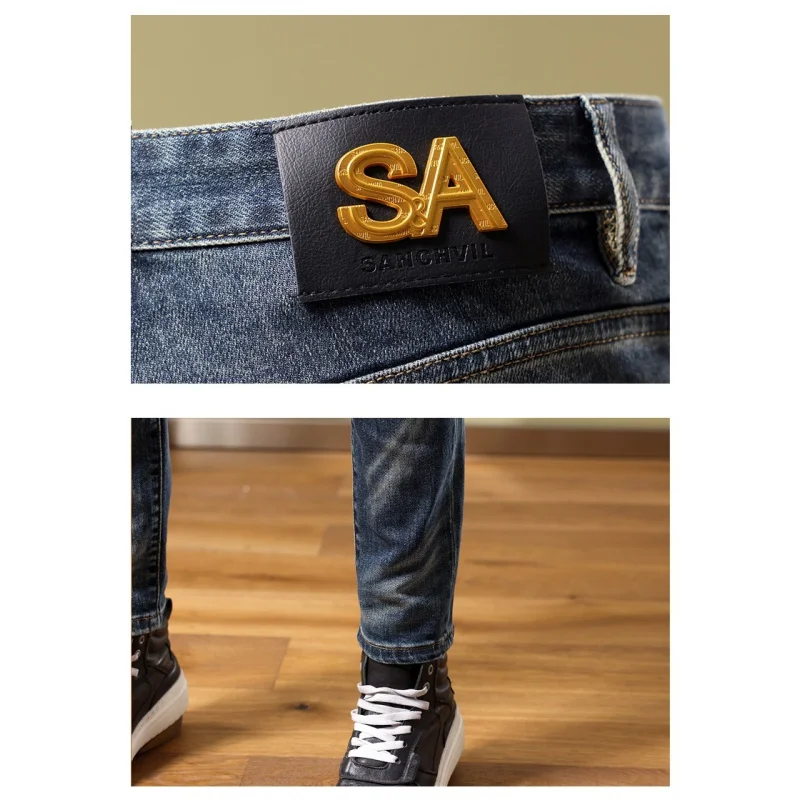 Vintage washed blue stretchy slim fit ripped jeans High Street fashion men's jeans patch designer personality hip hop Hombre