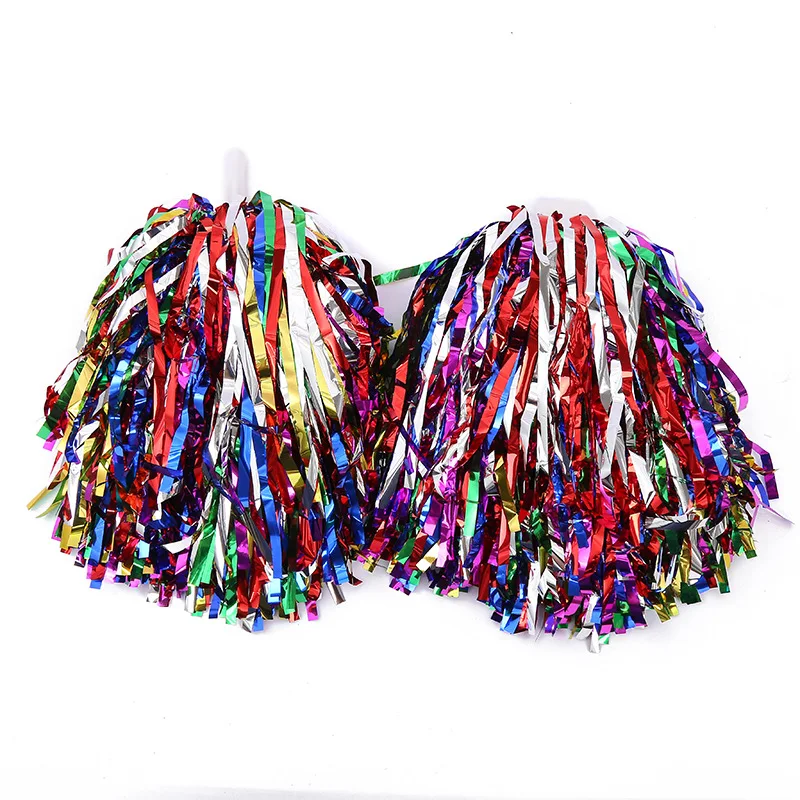 25g 50g 100g Plastic Handle Cheering Cheerleading Colorful Metallic Rainbow Pompoms Cheerleader Flower Foil Pom Poms