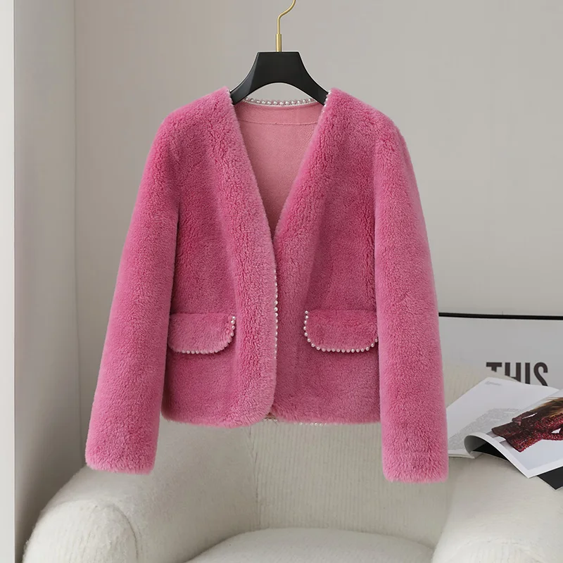 

Xiaoxiangfeng Lamb Fur Grass Coat Women's V-neck Fur Integrated Sheep Fleece Short Style 2023 Youth Autumn/Winter