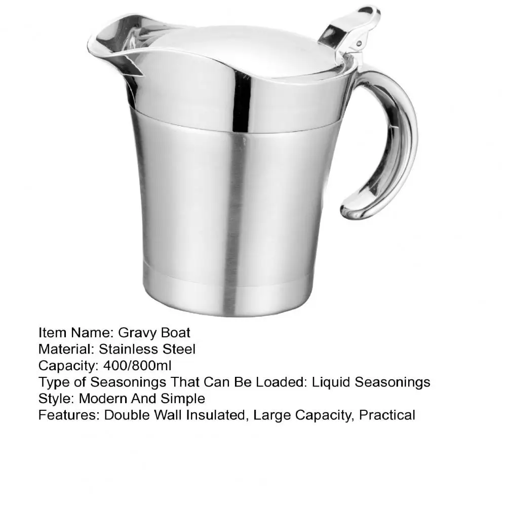400/800ml Gravy Boat Stainless Steel Sauce Pot With Hinged Lid Double Wall Insulated Gravy Pitcher Milk Jug Dispenser For Sauce
