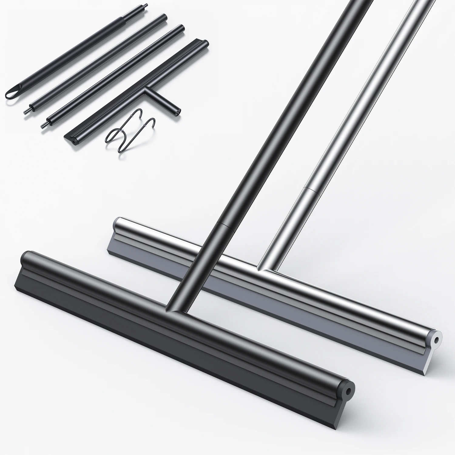 15.5'' Width Floor Squeegee Scrubber Broom Rubber Silicone Blade Wiper Stainless Steel 52'' INCH Long Handle Cleaning Sweeping