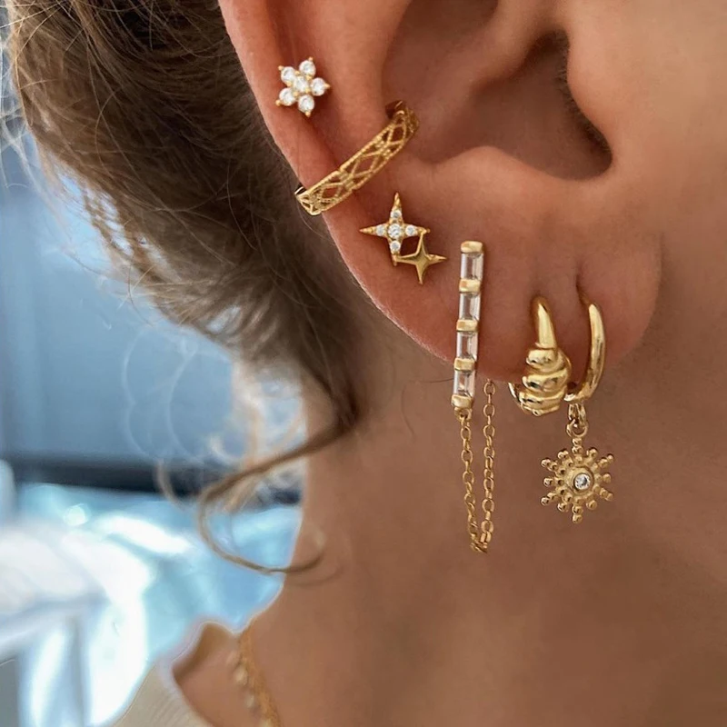 HIMEISANG Wholesale 925 Sterling Silver Earcuff Star Zircon Golden Hoop Earrings for Women Fashion Dangle Stud Earrings Jewelry