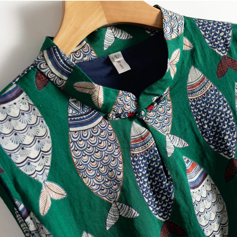 السمك منقوشة طباعة خمر القطن الكتان س الرقبة أكمام...