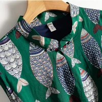Fish Plaid Print Vintage Cotton Linen O-Neck Sleeveless A-Line Loose Women's Dress Korean Fashion Mid-Calf Dresses For Women - Image 3