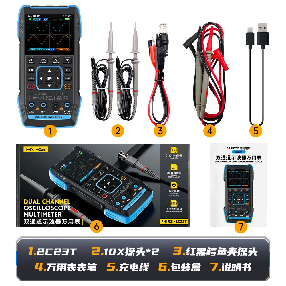 

FNIRSI 2C23T Handheld Digital Oscilloscope Multimeter + Function Signal Generator 2023 Latest 3IN1 Dual Channel 10MHZ*2 50MS/s