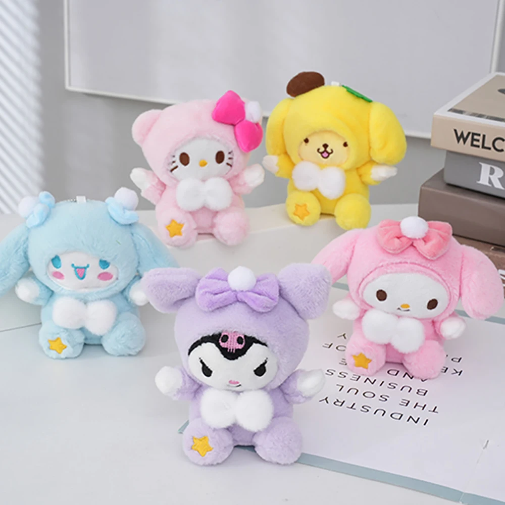 Sanrio 15Cm Keychain Hello Kitty Kuromi Cinnamoroll Cross Dressing Plush Doll Kawaii My Melody Anime Cartoon Plushie Toy Gifts new sanrio cinnamoroll plush cartoon bag kuromi cylinder bag my melody plush bag chroma one shoulder slant cross student handbag