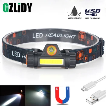 방수 LED 헤드 램프 COB 작업 조명 낚시 캠핑 등에 적합한 자석 USB 헤드 라이트 내장 배터리와 2 가지 조명 모드.