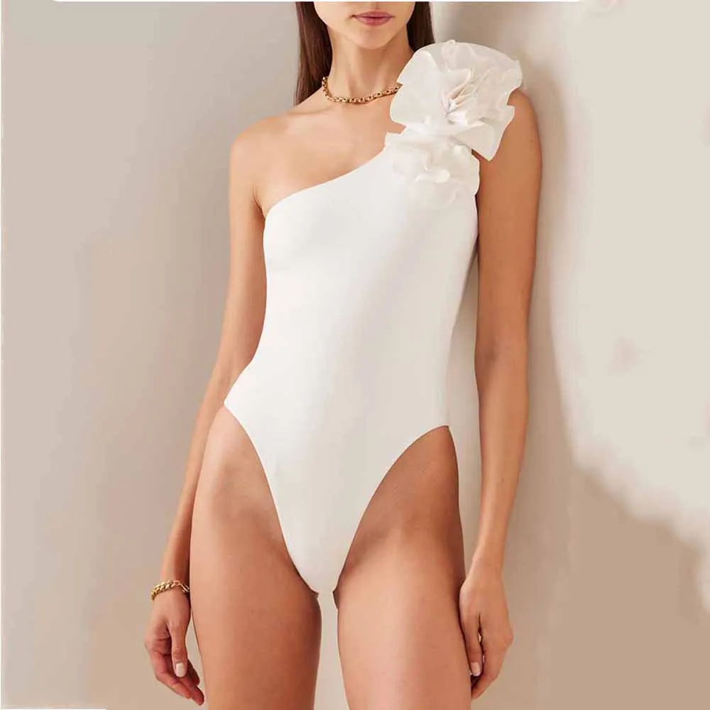 

New 2022 Ruffled Single-Shoulder One-Piece Swimsuit Designer Bathing Suit Summer Beach Luxury Sexy Petal Stereo Strap