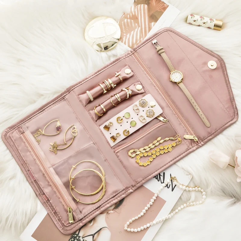 Foldable Roll Jewelry Case Travel Jewelry Organizer Portable for Journey Earrings Rings Diamond Necklaces Brooches Storage Bag