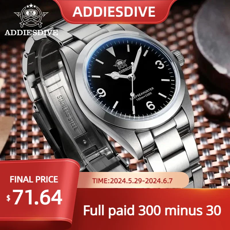 

ADDIESDIVE Luxury Stainless Steel Sapphire Quartz Watch Business 36mm 100m Dive Mens Wristwatch Luminous Wristwatch Reloj Hombre