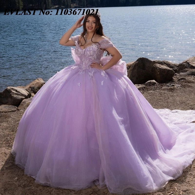 

EVLAST Lavender Lilac Quinceanera Dress Ball Gown Butterfly Applique Beaded Tulle With Bow Sweet 16 Vestidos De XV 15 Anos SQ91