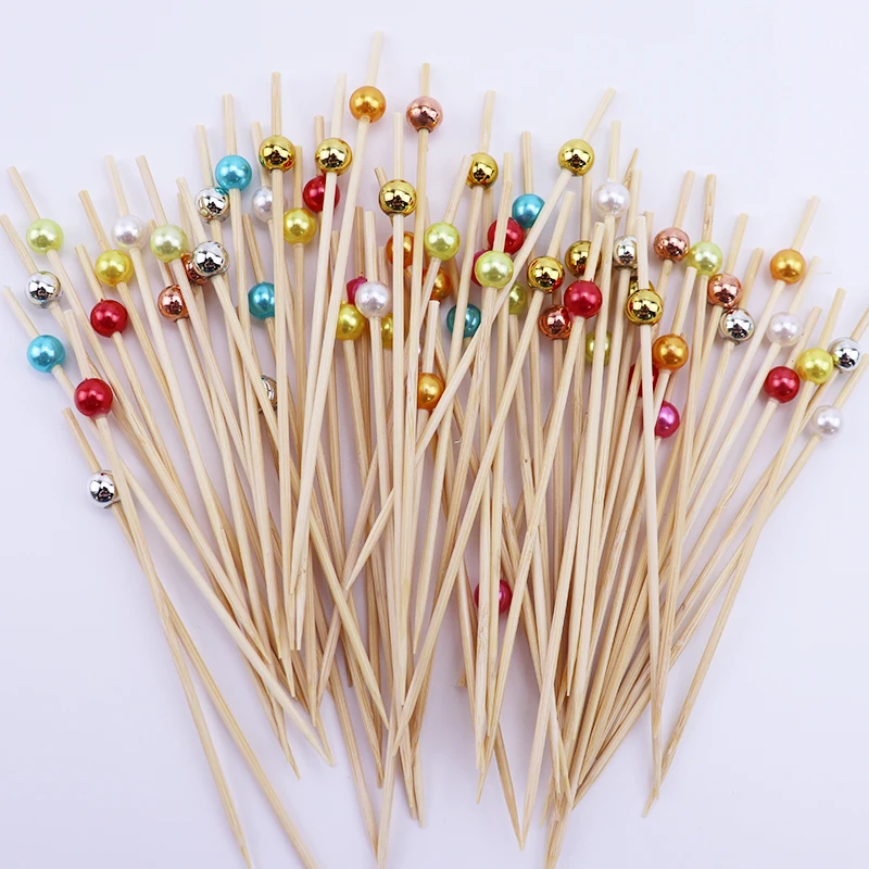 100 Stücke Weiße Perle Bambus Lebensmittel Obst Picks Hochzeit Party Einweg Kuchen Dessert Cocktail Sticks Buffet Cupcake Zahnstocher Spieß