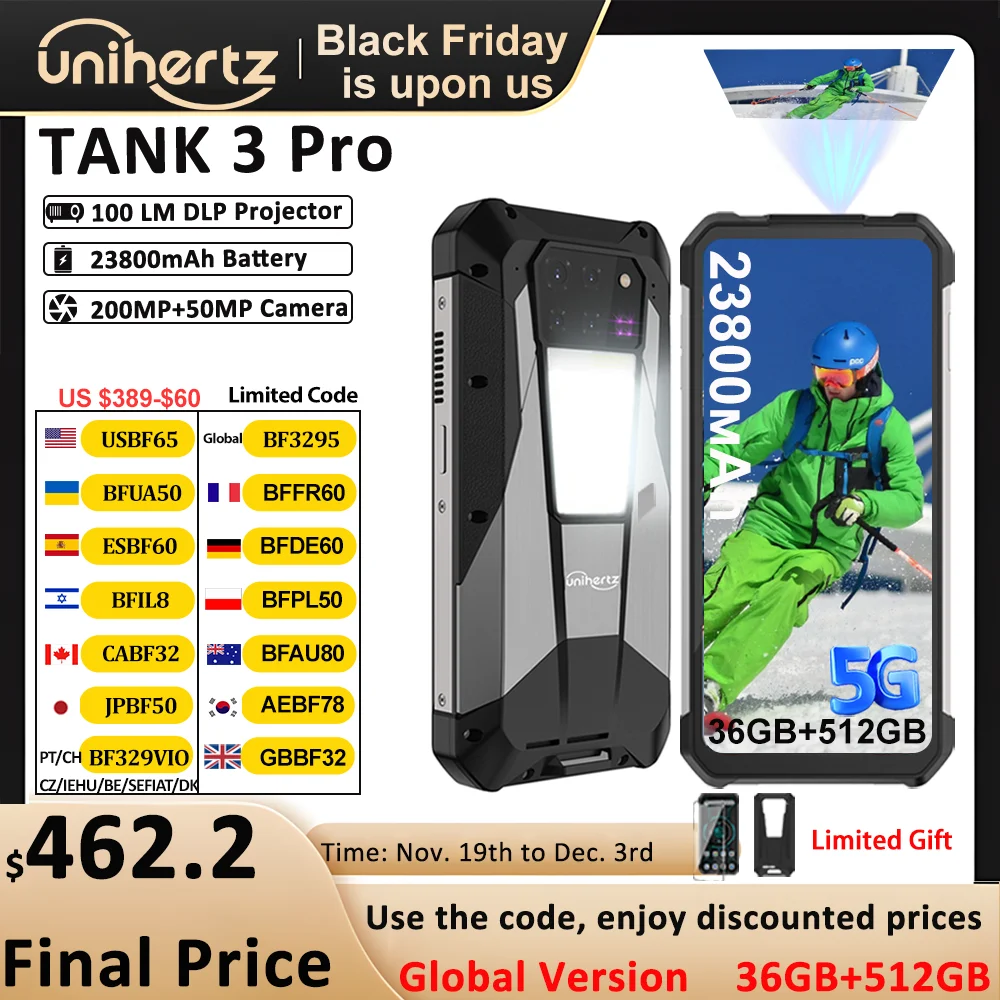 Unihertz Tank 3 Pro 8849 Rugged Smartphone android 5G with 100 Lumens Projector 32/36GB 512GB 23800mAh Waterproof 200MP phones